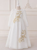 Long Sleeve White Chiffon Flower Girl Dress with Lace Embellishment