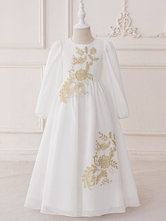 Long Sleeve White Chiffon A-Line Flower Girl Dress with Lace – Maxi Formal Gown