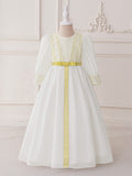 Long Sleeve White Chiffon Princess Dress with Sequins and Beads