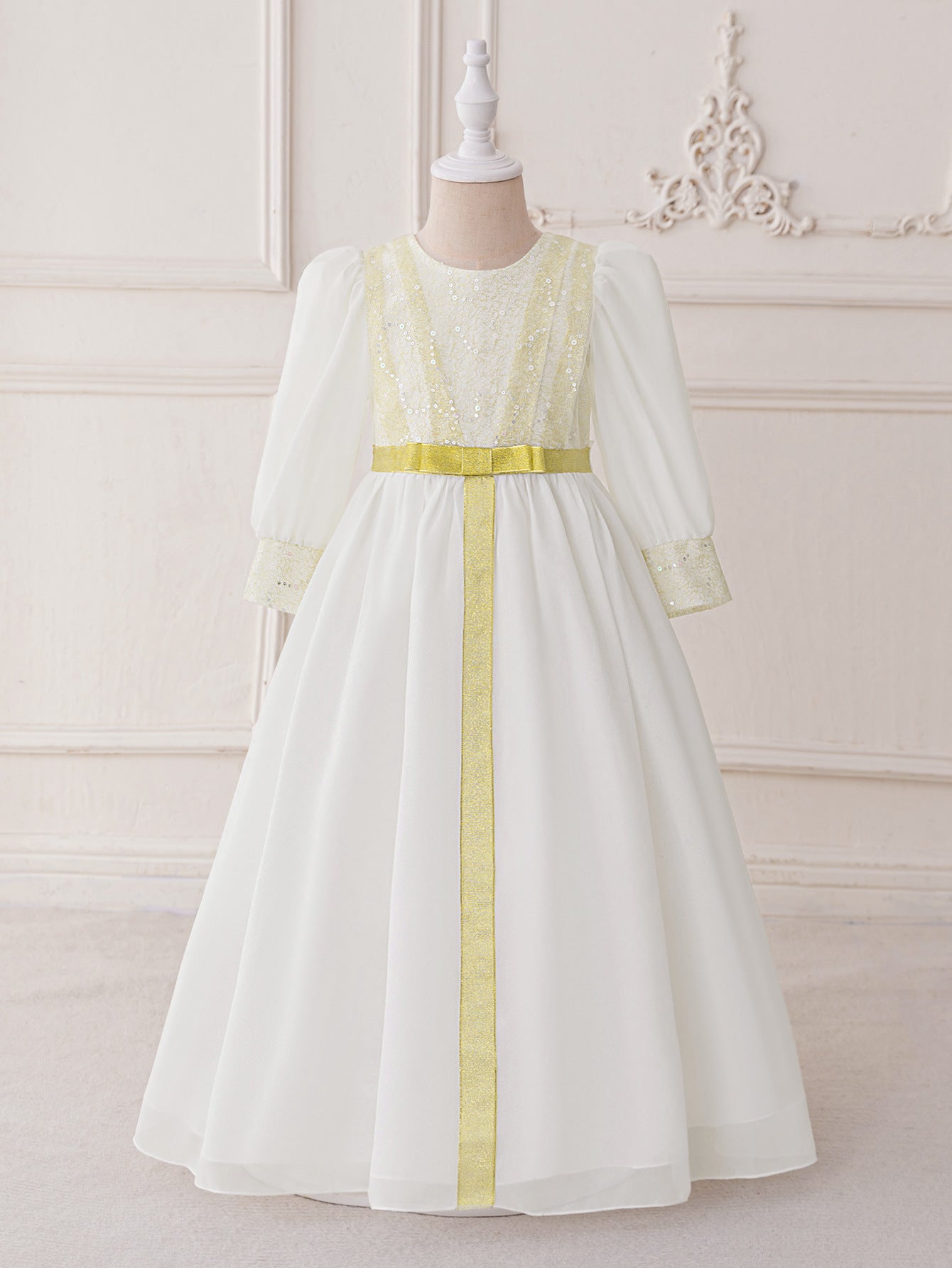 White Long Sleeve Chiffon Princess Dress for Girls with Sequins & Beads – A-line Formal Gown Ages 3-8