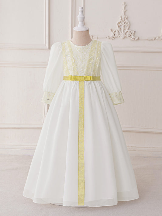 White Long Sleeve Chiffon Princess Dress for Girls with Sequins & Beads – A-line Formal Gown Ages 3-8
