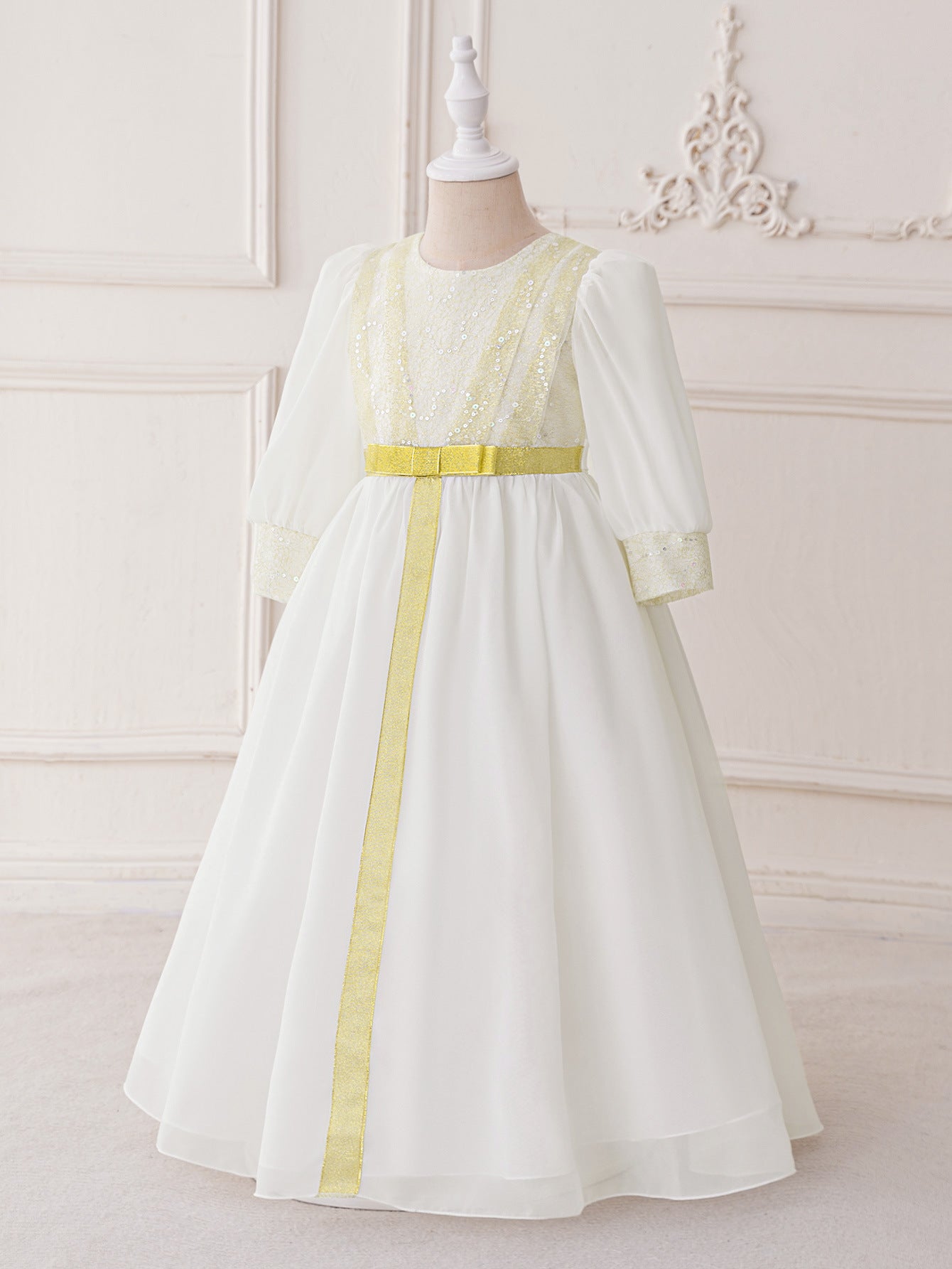 White Long Sleeve Chiffon Princess Dress for Girls with Sequins & Beads – A-line Formal Gown Ages 3-8