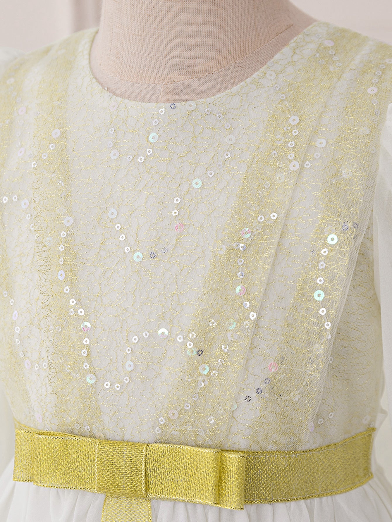 White Long Sleeve Chiffon Princess Dress for Girls with Sequins & Beads – A-line Formal Gown Ages 3-8