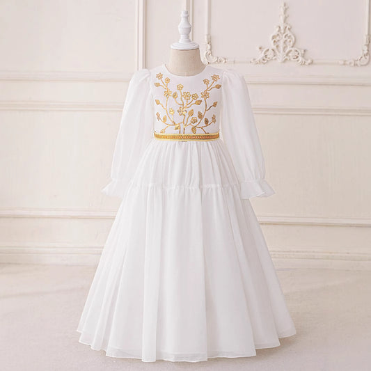 Long Sleeve White A-Line Maxi Dress for Girls with Sequins and Beads | Formal & Party Wear