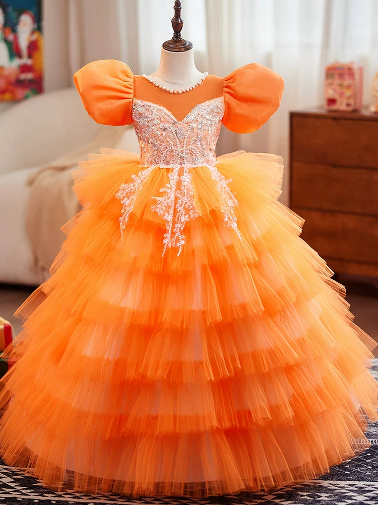 Sunset Orange Flower Girl Dress | Luxury Girls Pageant Gown