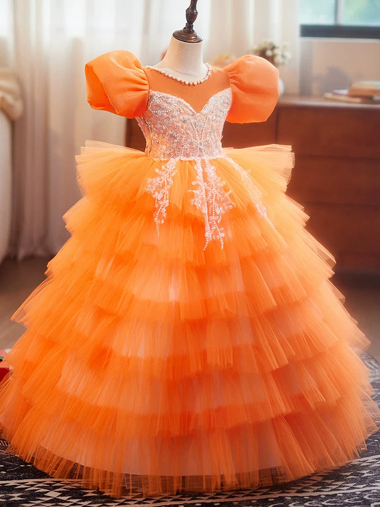 Sunset Orange Flower Girl Dress | Luxury Girls Pageant Gown