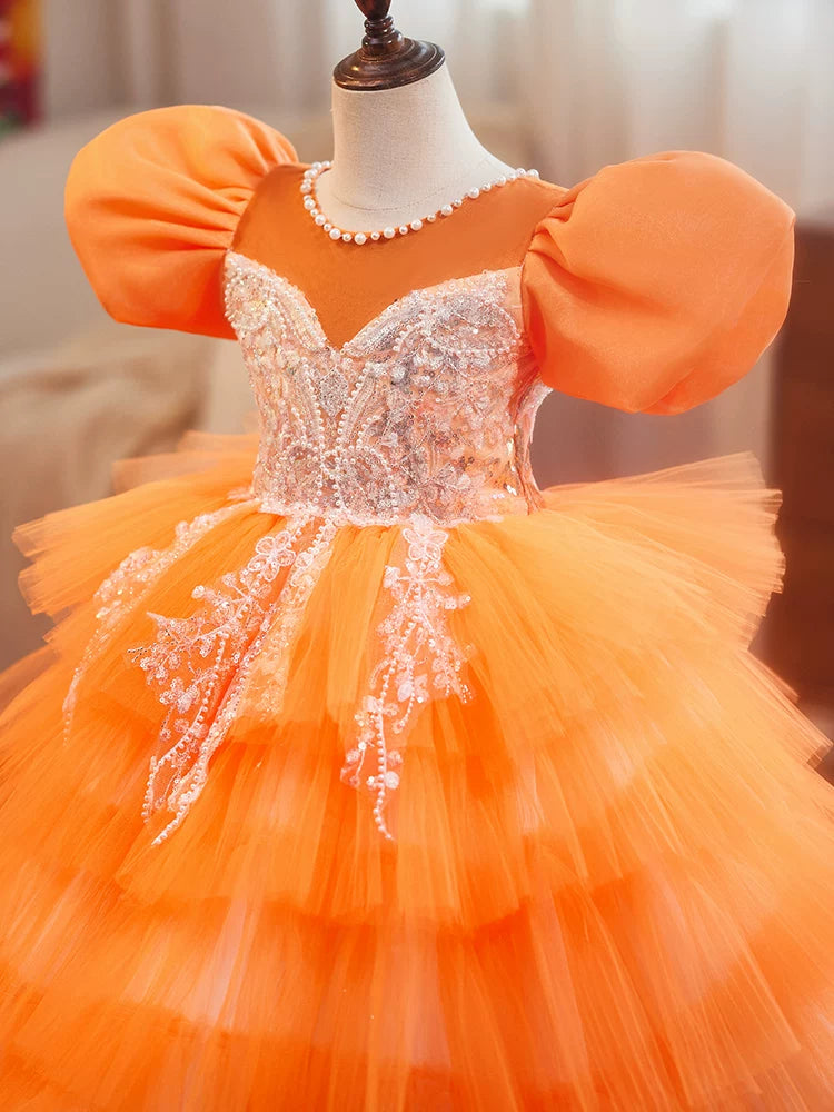 Sunset Orange Flower Girl Dress | Luxury Girls Pageant Gown
