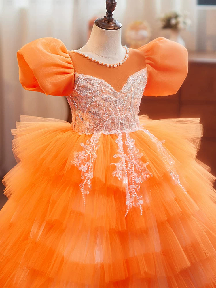 Sunset Orange Flower Girl Dress | Luxury Girls Pageant Gown
