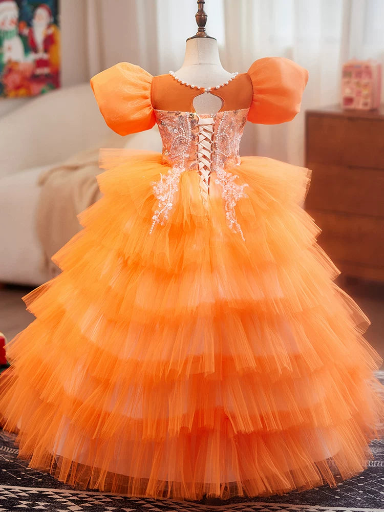 Sunset Orange Flower Girl Dress | Luxury Girls Pageant Gown