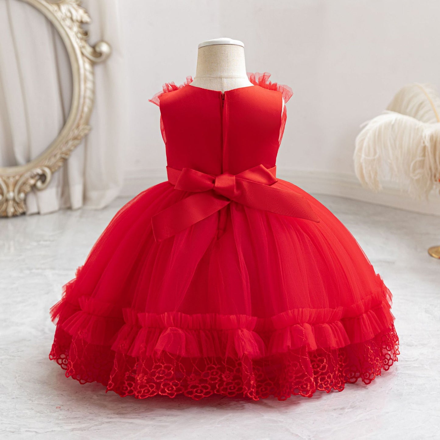 Cute Mesh Ball Gown Kids Dress with Lace & Bow for Parties & Celebrations
