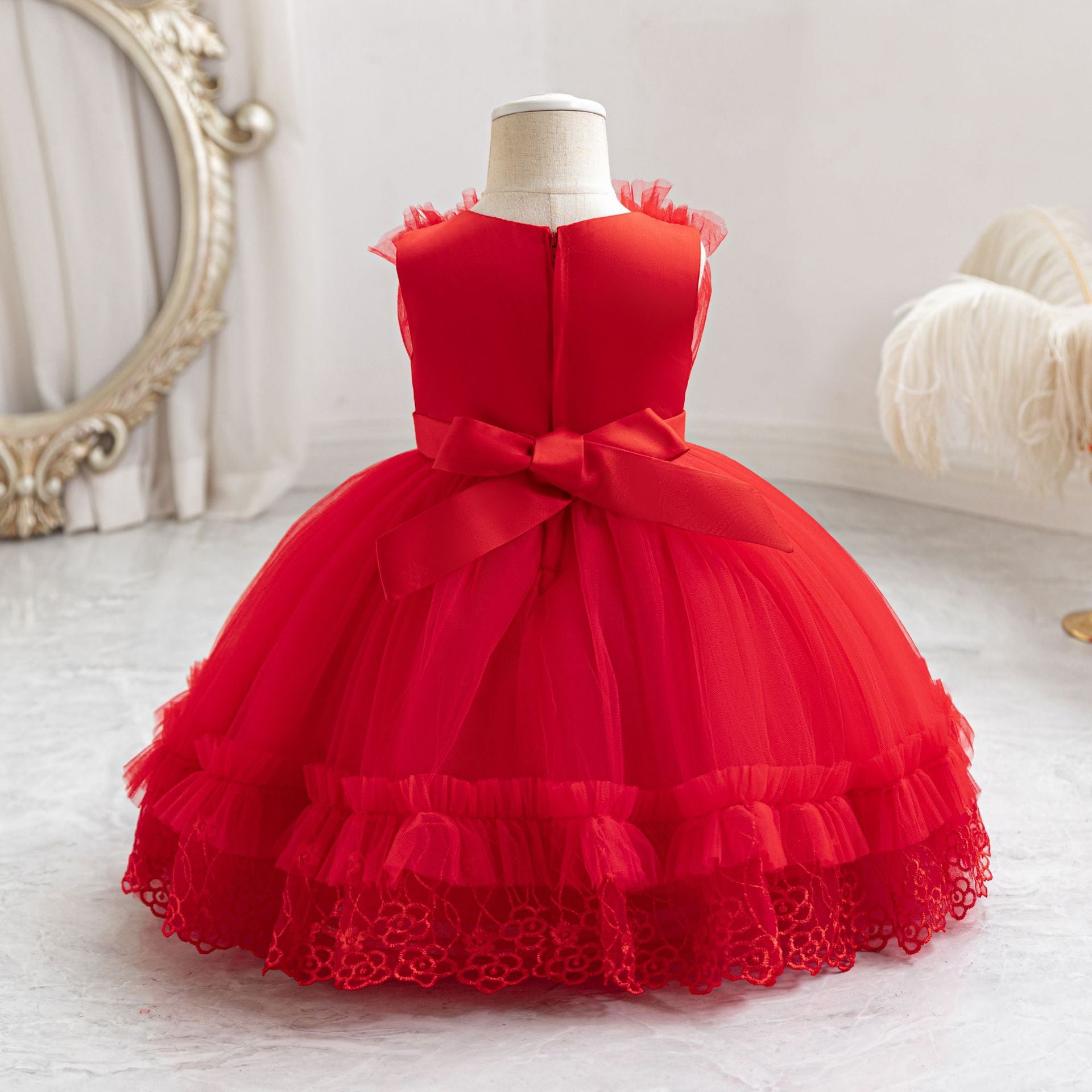 Cute Mesh Ball Gown Kids Dress with Lace & Bow for Parties & Celebrations