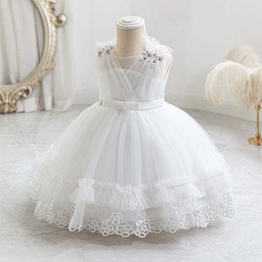 Cute Mesh Ball Gown Kids Dress with Lace & Bow for Parties & Celebrations