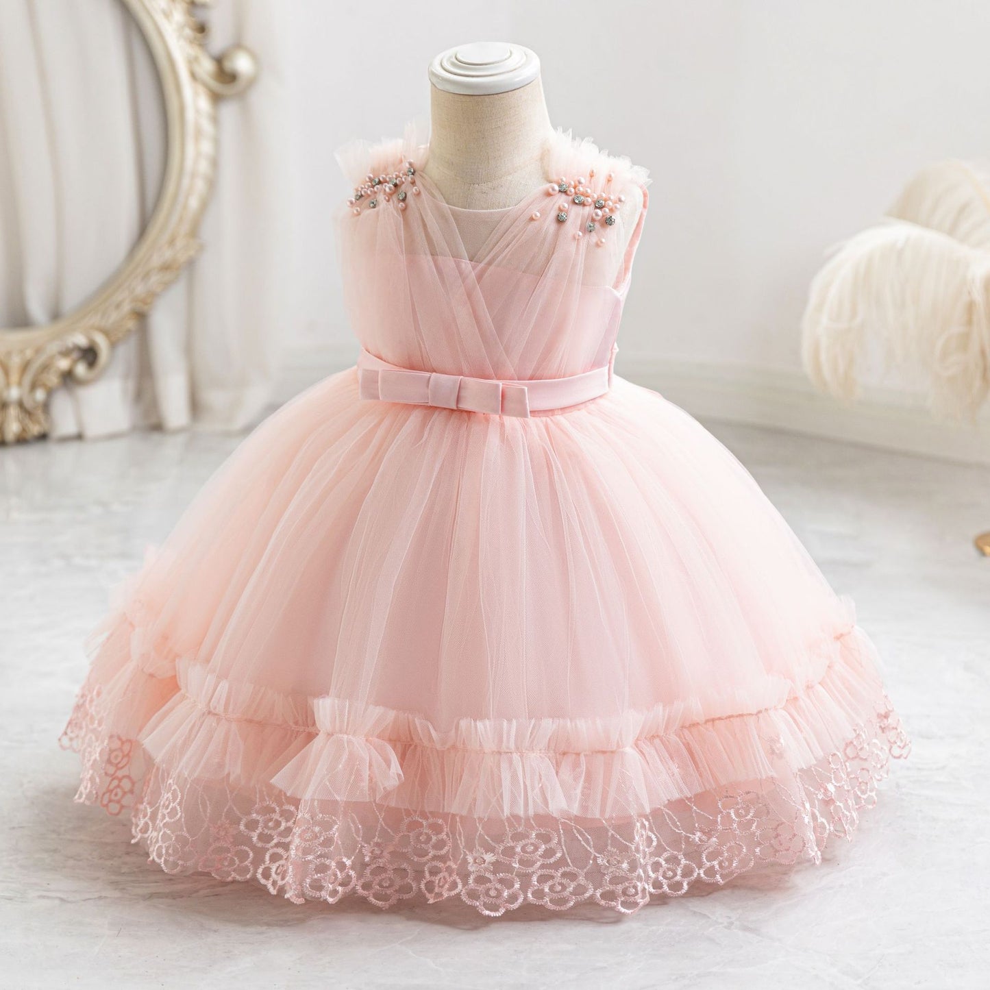 Cute Mesh Ball Gown Kids Dress with Lace & Bow for Parties & Celebrations