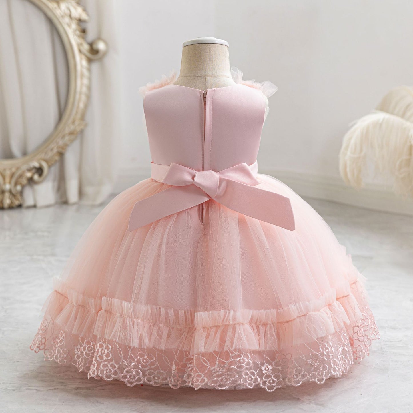 Cute Mesh Ball Gown Kids Dress with Lace & Bow for Parties & Celebrations