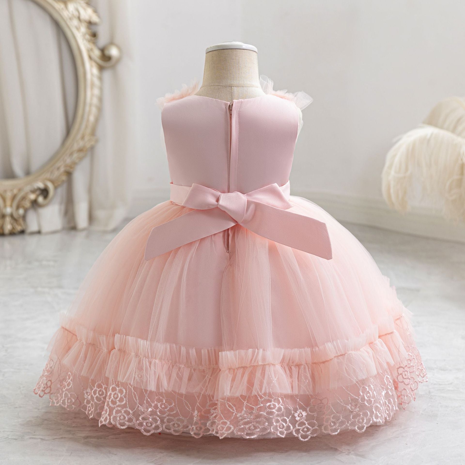 Cute Mesh Ball Gown Kids Dress with Lace & Bow for Parties & Celebrations