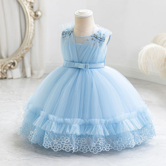 Cute Mesh Ball Gown Kids Dress with Lace & Bow for Parties & Celebrations