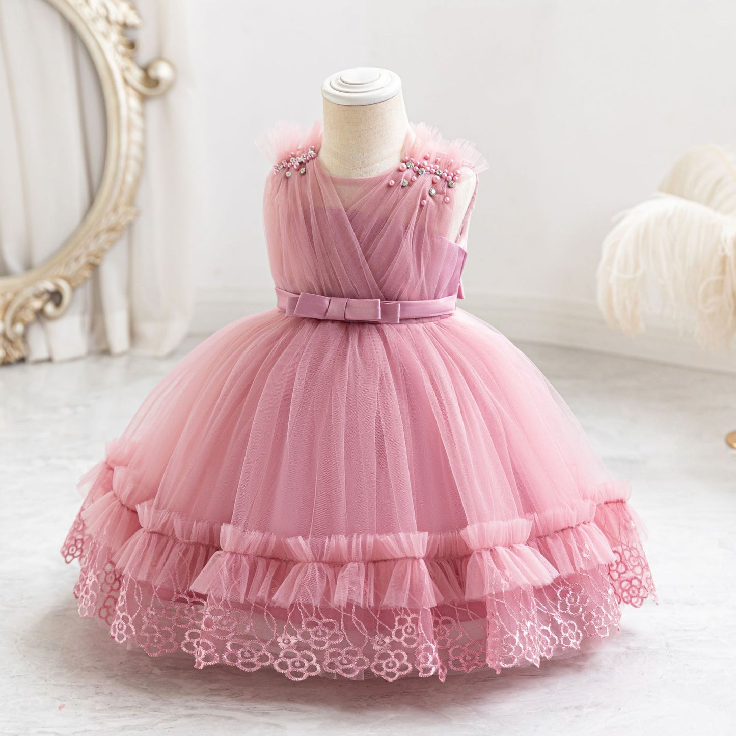 Cute Mesh Ball Gown Kids Dress with Lace & Bow for Parties & Celebrations