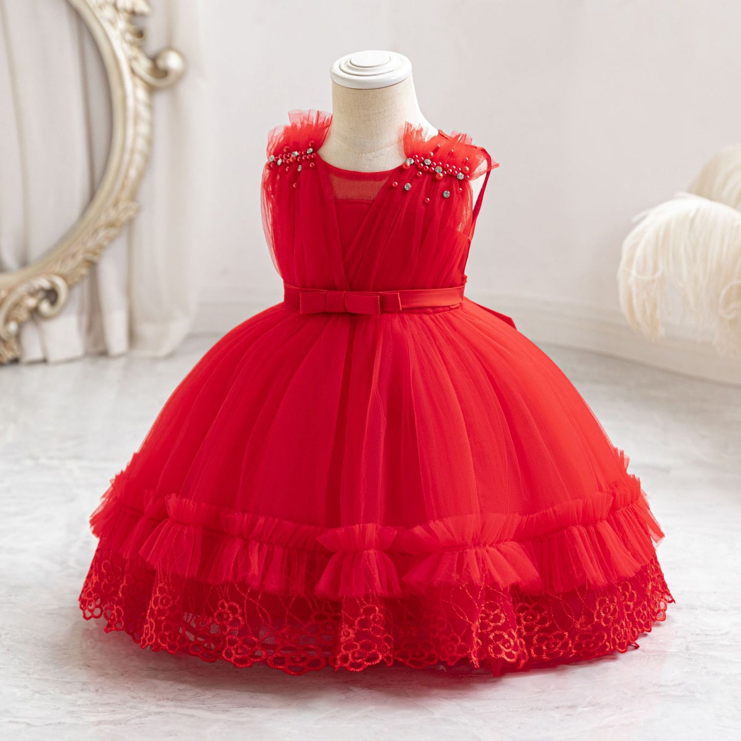 Cute Mesh Ball Gown Kids Dress with Lace & Bow for Parties & Celebrations