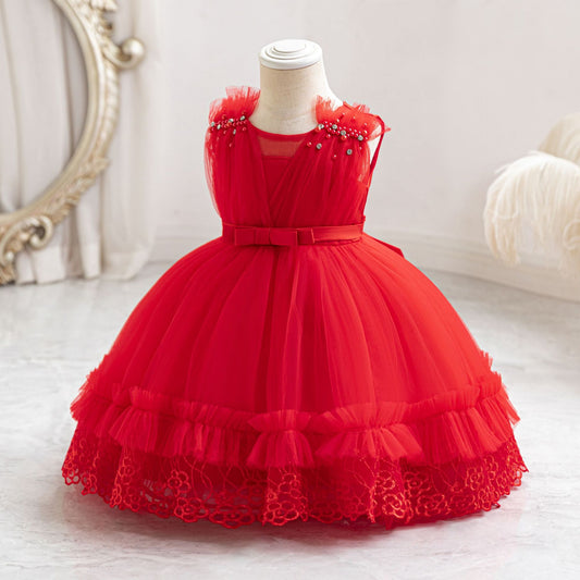 Cute Mesh Ball Gown Kids Dress with Lace & Bow for Parties & Celebrations