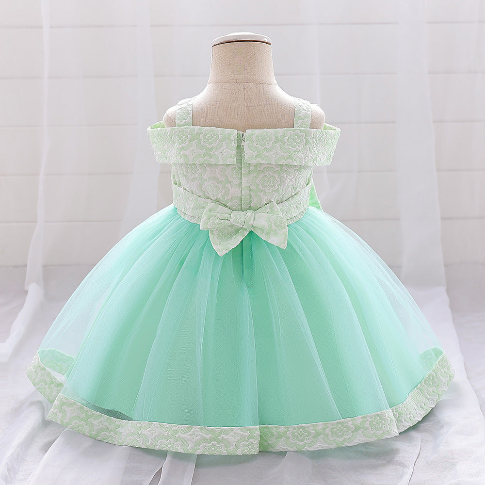 Mint Green Off Shoulder Baby Girl Princess Dress – Tulle Ruffle Flower Girl Gown