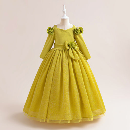Mustard Yellow Maxi Flower Girl Dress with Bow – Girls’ Formal Princess Gown