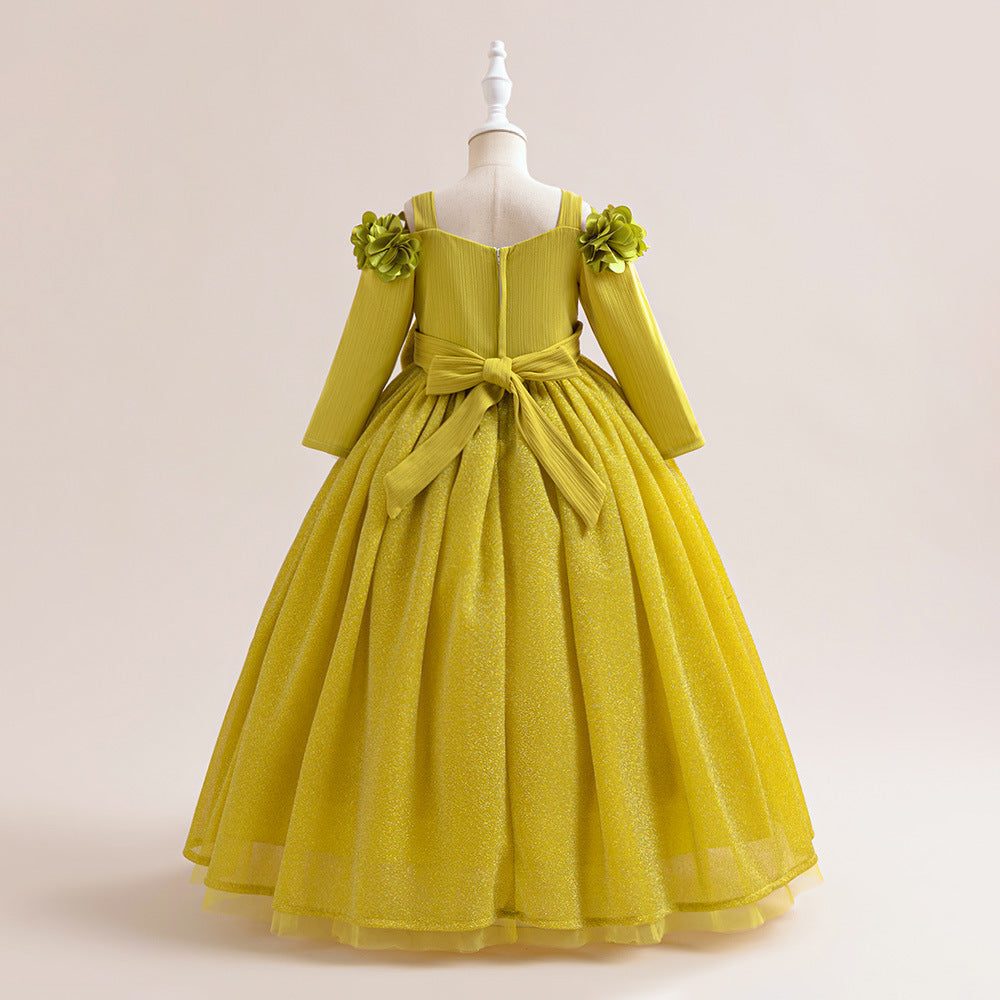 Mustard Yellow Maxi Flower Girl Dress with Bow – Girls’ Formal Princess Gown