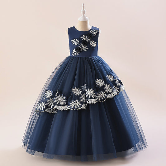 Girls' Navy Blue A-line Maxi Princess Dress with Embroidery and Flowers