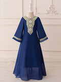 Navy Blue Embroidered Long Sleeve Chiffon A-Line Maxi Dress for Girls
