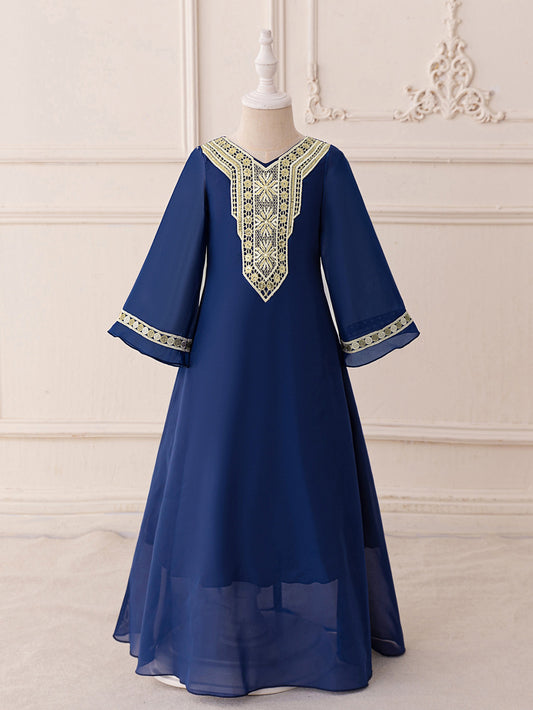 Navy Blue Long Sleeve Embroidered Chiffon Maxi Dress for Girls (Ages 3-8)
