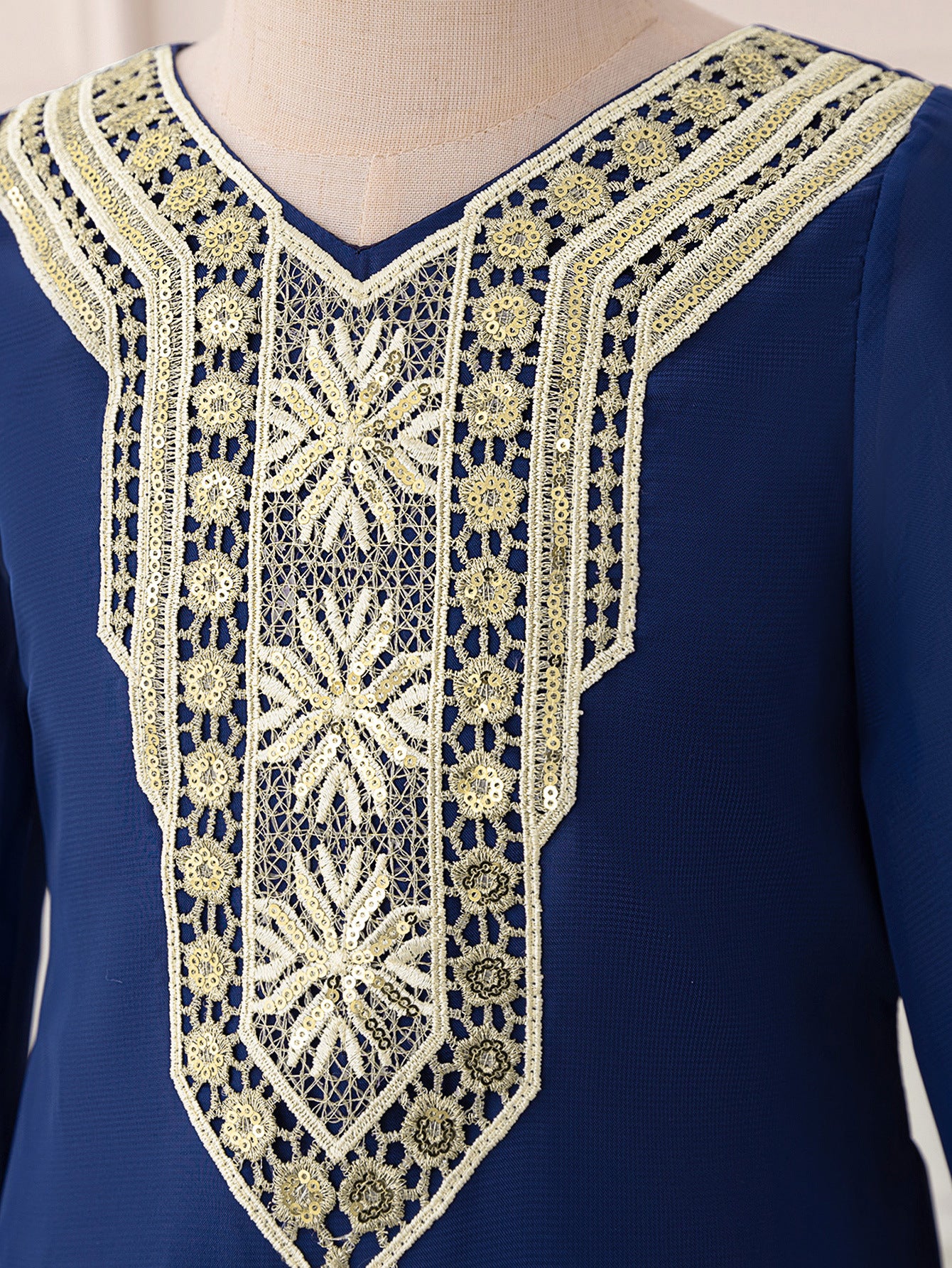 Navy Blue Long Sleeve Embroidered Chiffon Maxi Dress for Girls (Ages 3-8)