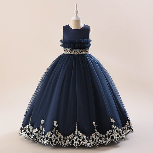 Navy Blue Lace Tulle Maxi Dress for Girls - Party & Wedding Princess Gown