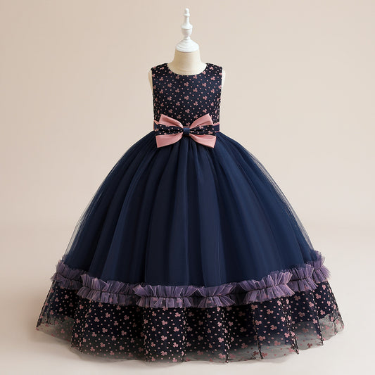 Navy Blue Puffy Maxi Dress for Girls - Ball Gown Princess Dress with Bowknot & Tulle
