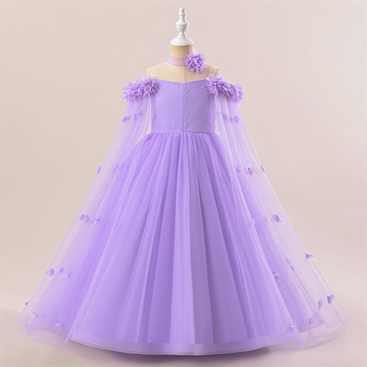 Charming A-Line Off-Shoulder Maxi Dress with 3D Applique Flowers for Girls | Party & Flower Girl Gown