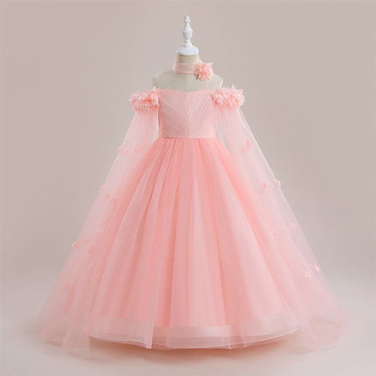 Charming A-Line Off-Shoulder Maxi Dress with 3D Applique Flowers for Girls | Party & Flower Girl Gown