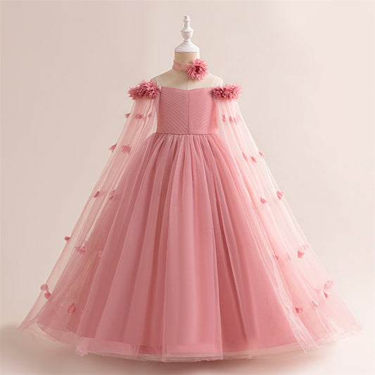 Charming A-Line Off-Shoulder Maxi Dress with 3D Applique Flowers for Girls | Party & Flower Girl Gown