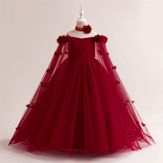Cute Off Shoulder Maxi Tulle Dress for Girls – A-Line Princess Gown with Applique