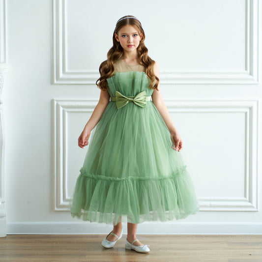 Off Shoulder A-Line Mesh Party Dress with Bow for Girls | Cute & Playful