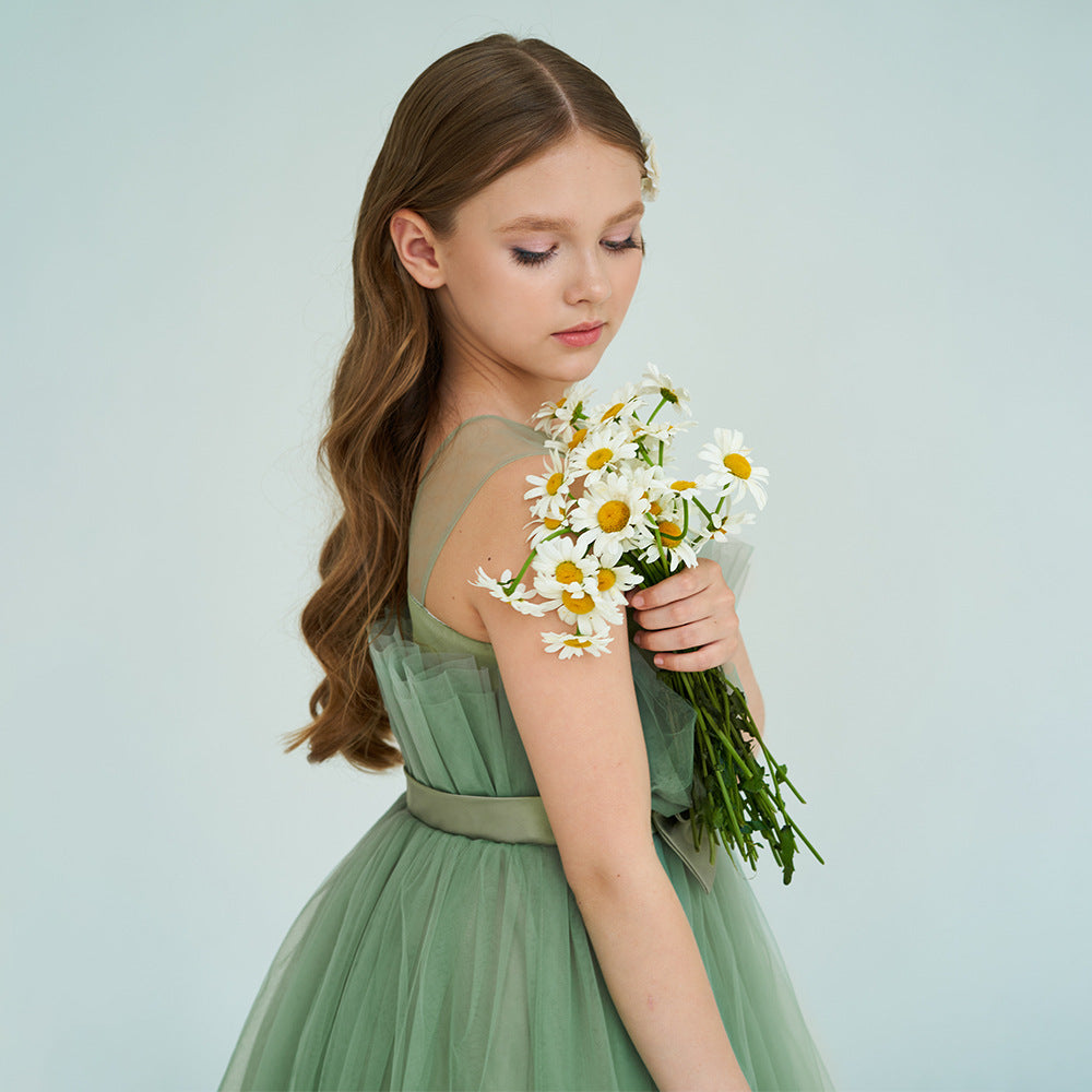 Off Shoulder A-Line Mesh Party Dress with Bow for Girls | Cute & Playful