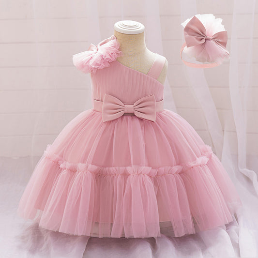 Off Shoulder Puffy Tulle Toddler Dress with Bowknot – Cute Party & Flower Girl Gown