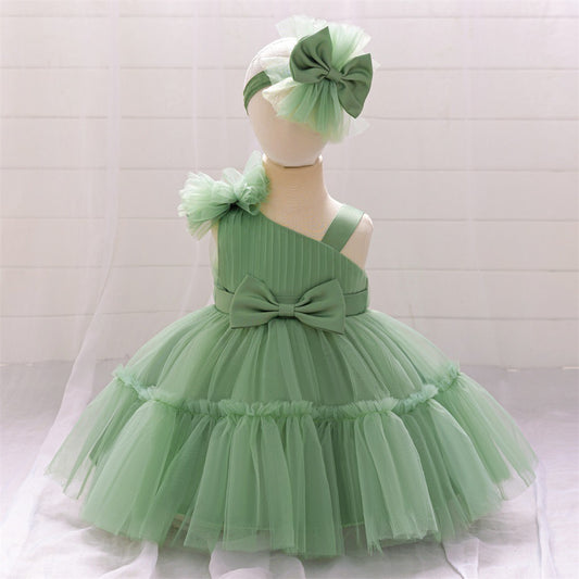 Off Shoulder Puffy Tulle Toddler Dress with Bowknot – Cute Party & Flower Girl Gown