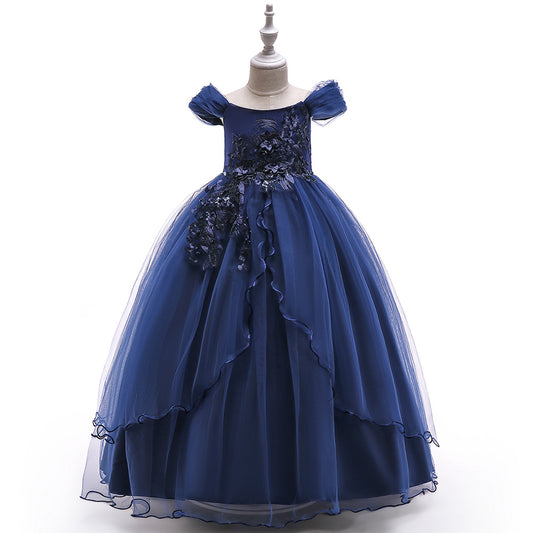 Girls Off Shoulder Mesh Floral Princess Maxi Dress | A-Line Party Gown