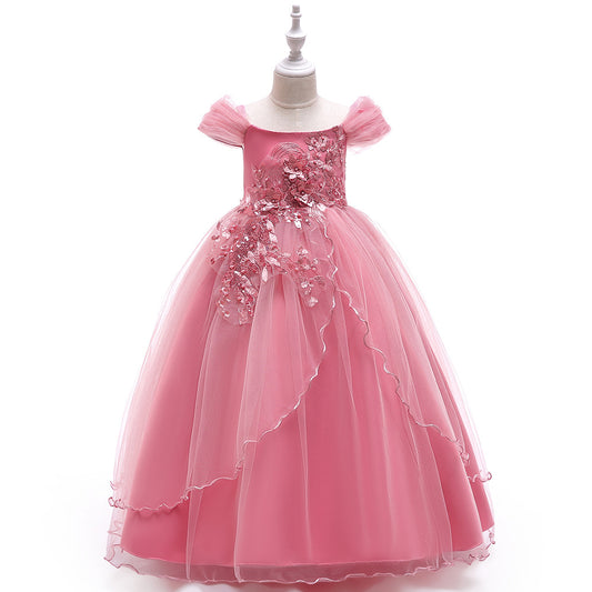 Girls Off Shoulder Mesh Floral Princess Maxi Dress | A-Line Party Gown
