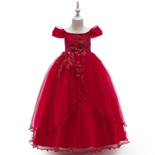 Girls Off Shoulder Mesh Floral Princess Maxi Dress | A-Line Party Gown