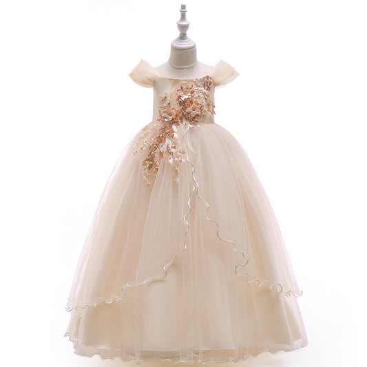 Girls Off Shoulder Mesh Floral Princess Maxi Dress | A-Line Party Gown
