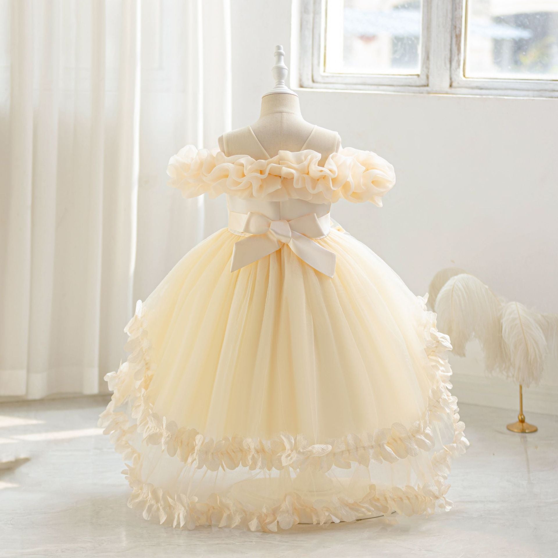 Cute Off Shoulder Puffy Mesh Ball Gown Dress for Girls | Party & Flower Girl