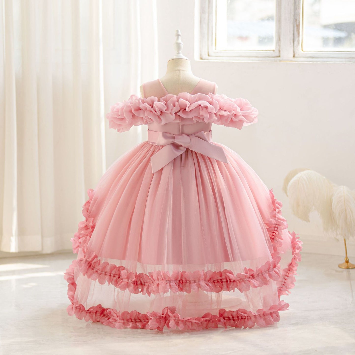Cute Off Shoulder Puffy Mesh Ball Gown Dress for Girls | Party & Flower Girl