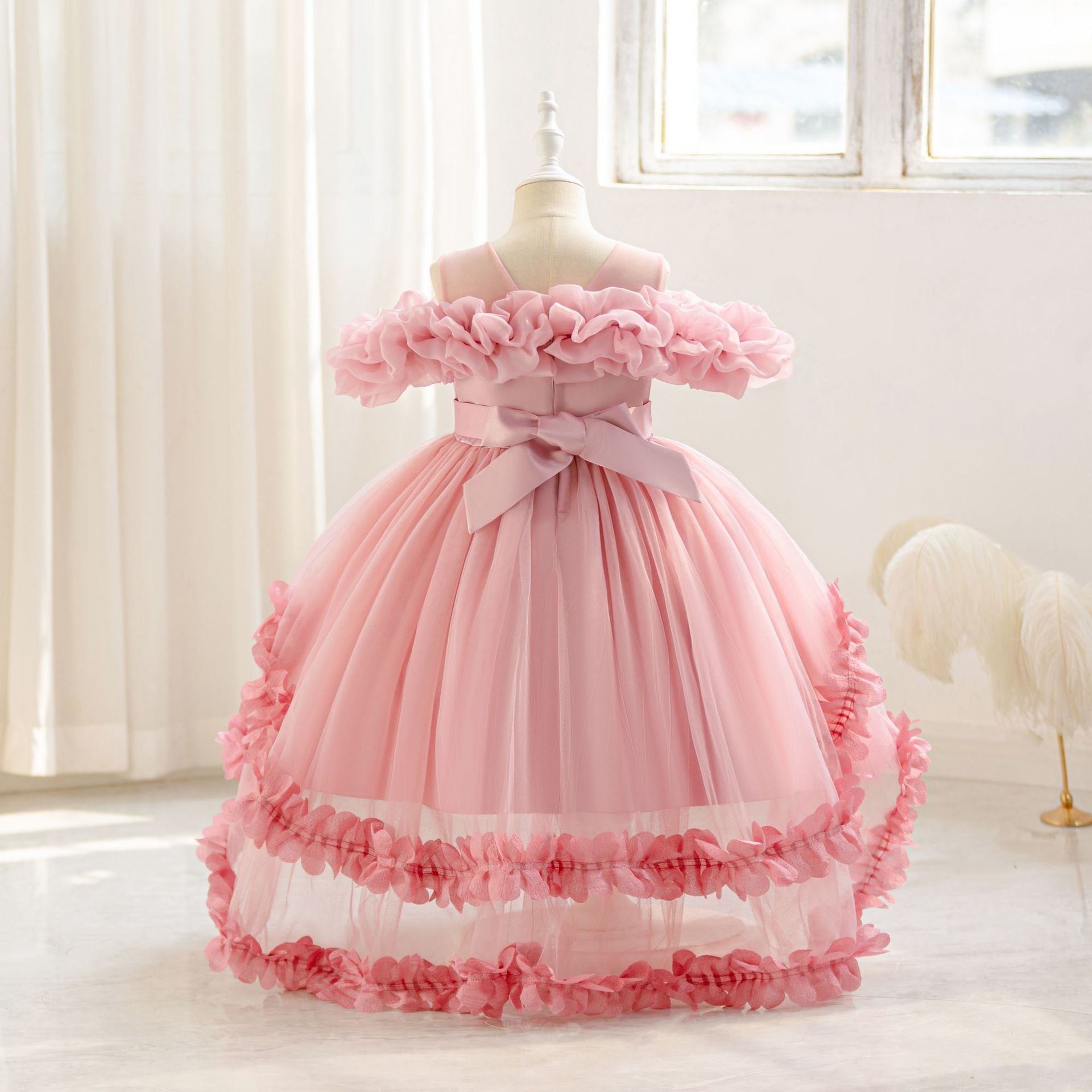 Cute Off Shoulder Puffy Mesh Ball Gown Dress for Girls | Party & Flower Girl