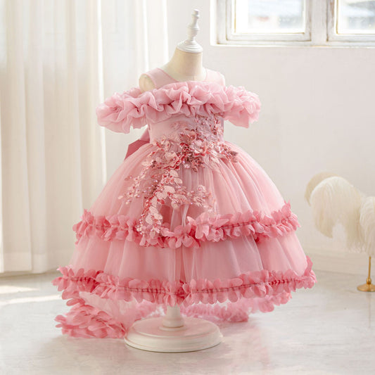 Cute Off Shoulder Puffy Mesh Ball Gown Dress for Girls | Party & Flower Girl