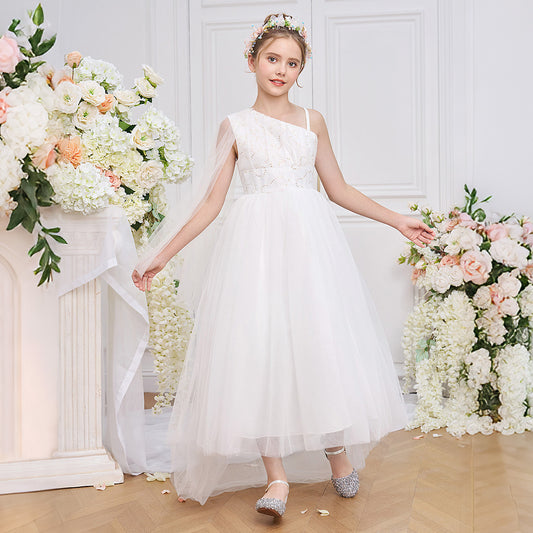 Cute Off Shoulder High-Low White Tulle Girl's Dress with Sequins – For Parties, Weddings & Special Events