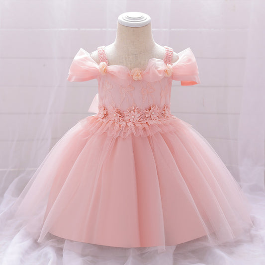 Princess Off Shoulder Ball Gown Mesh Dress for Baby Girl's First Birthday & Special Occasions